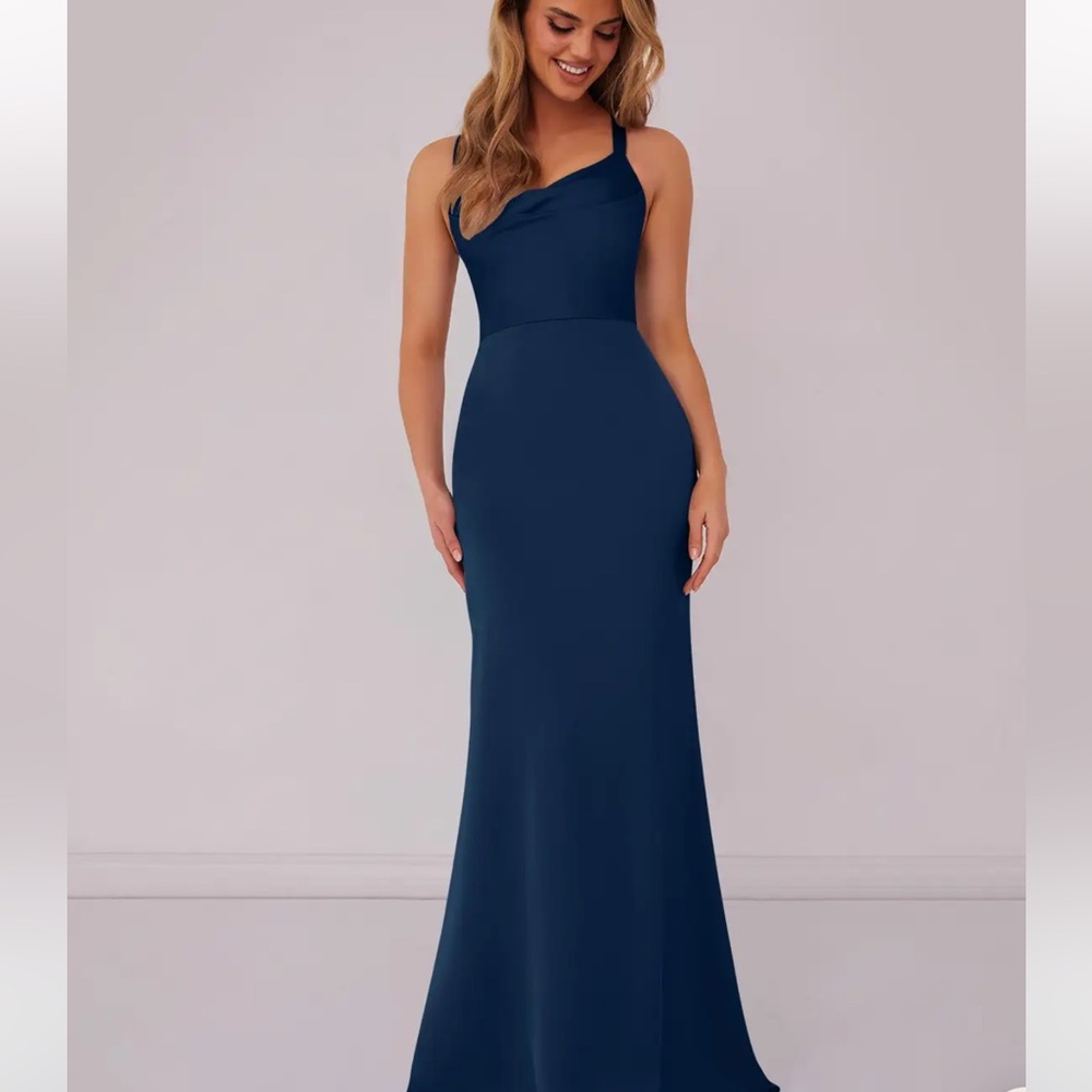 BARBIE AZAZIE 1007
Criss Cross Strap Stretch Satin Sheath Dress Dark Navy
Small